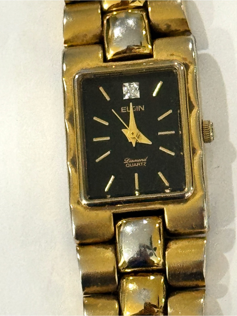 Vintage Elgin Diamond Watch Quartz Gold-tone Womens Wristwatch Black Dial
